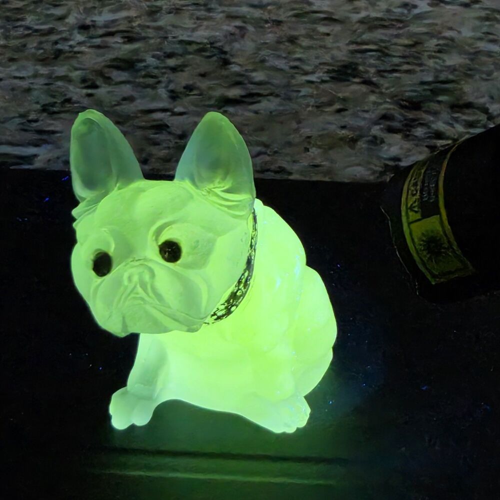 Vintage Westmoreland Uranium Frosted Glass French Bulldog Dog Figurine UV Glow